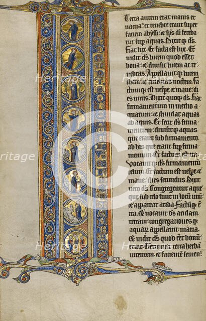 Initial I: Scenes of the Creation of the World and the Crucifixion; Marquette Bible, about 1270. Creator: Unknown.