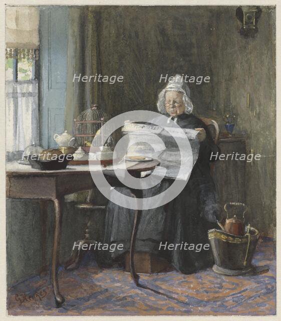Interior with a woman reading the newspaper, 1854-1892. Creator: Gerke Henkes.
