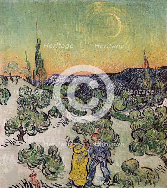 Landscape with Couple Walking and Crescent Moon, 1890. Creator: Gogh, Vincent, van (1853-1890).