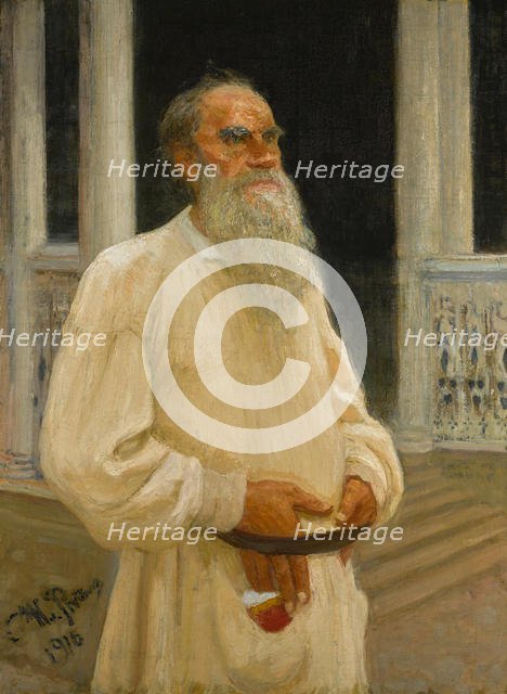 Portrait of the author Count Lev Nikolayevich Tolstoy (1828-1910), 1916. Creator: Repin, Ilya Yefimovich (1844-1930).