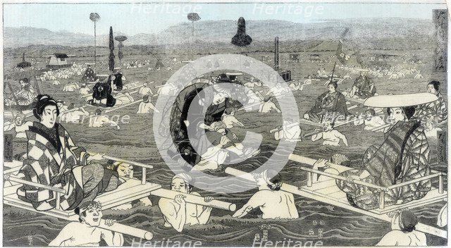 Crossing the Oho-e-ga-wa, in the province of Suraga, 1856. Artist: Unknown