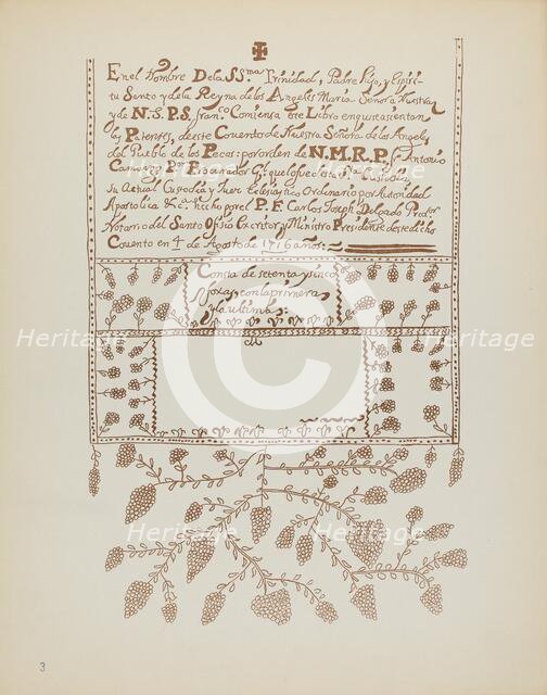 Plate 3: Pecos Book of Visitations: From Portfolio "Spanish Colonial Designs of New Mexico", 1935/19 Creator: Unknown.