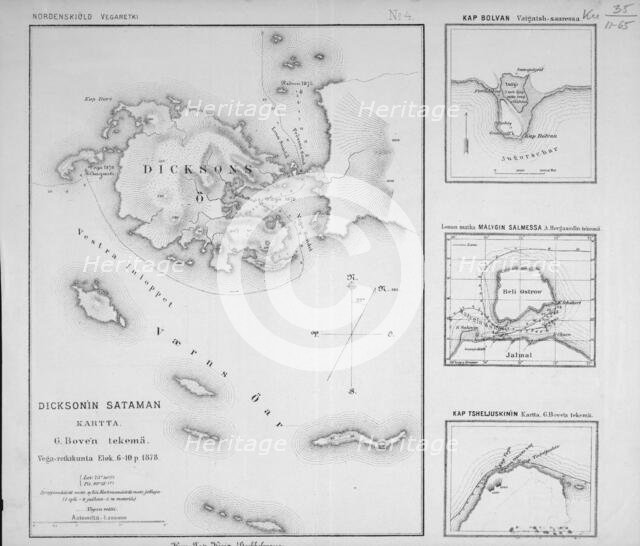 Map of Nordenskiöld's voyage on the ship "Vega" off the coast of Dikson in 1878.  Creator: G. Boven.