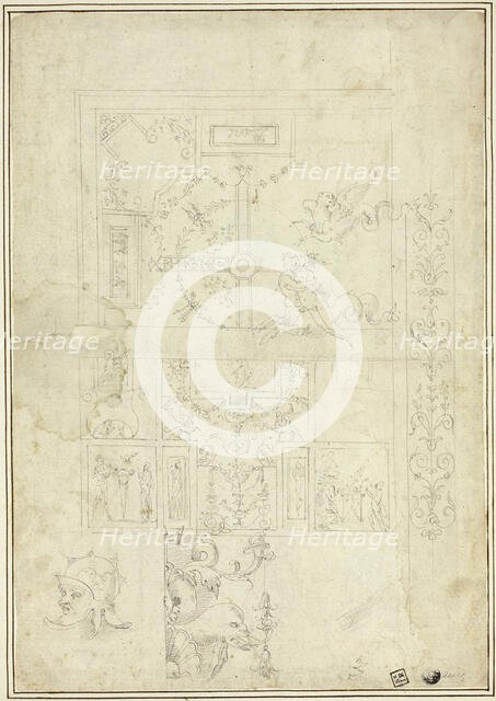 Ceiling Design, with Sketches of Ornamental Border, Helmeted Head (recto); Sketches..., n.d. Creators: School of Giovanni da Udine, called Giovanni dei Ricamatori, School of Perino del Vaga.