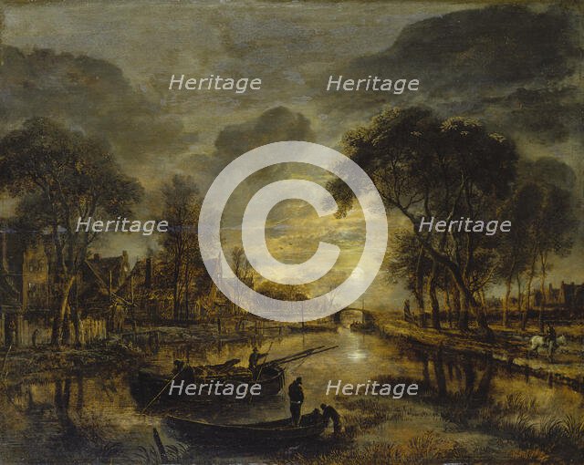 Nocturnal Canal Landscape with Fishing Boats, c1645-1650. Creator: Aert van der Neer.