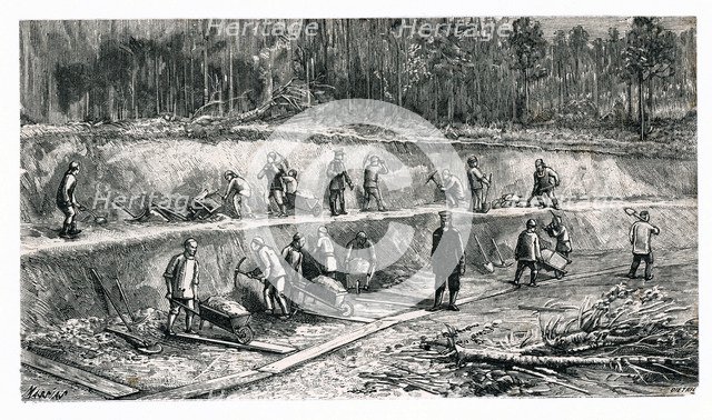 Disassembling works by Chinese workers during the construction of the Trans-Siberian Railway, eng…