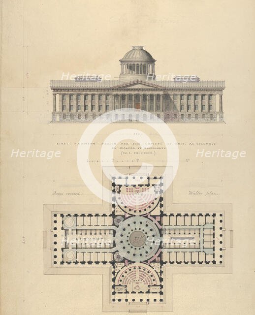 First Premium Design for the Capitol of Ohio at Columbus by Walter of Cincinnati, ca. 1839. Creator: Alexander Jackson Davis.