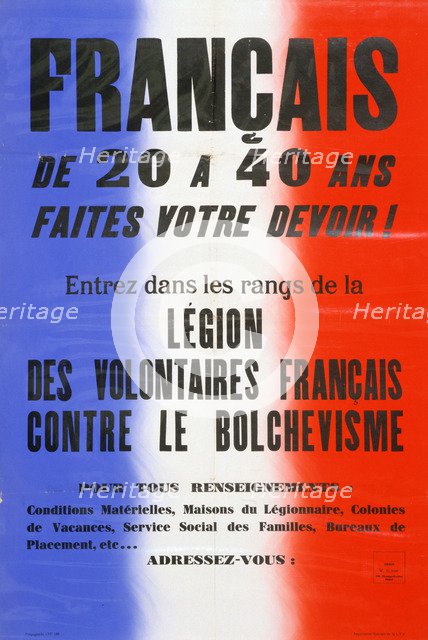 Recruitment poster for the Legion of French Volunteers, 1941-1944. Artist: Unknown