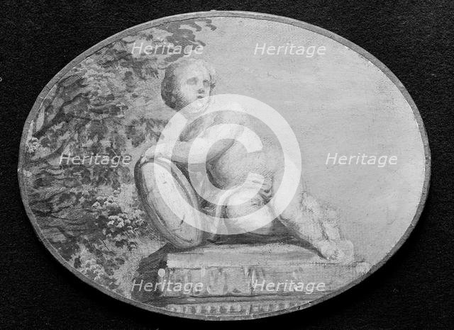 Putto on a pedestal against background of verdure, 18th century. Creator: French Painter , 18th century .