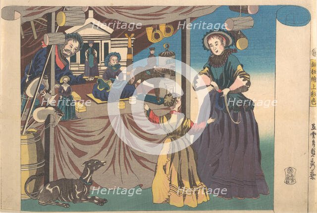 Color Print of a Copperplate Picture of a Toy Shop, 1860. Creator: Sadahide Utagawa.
