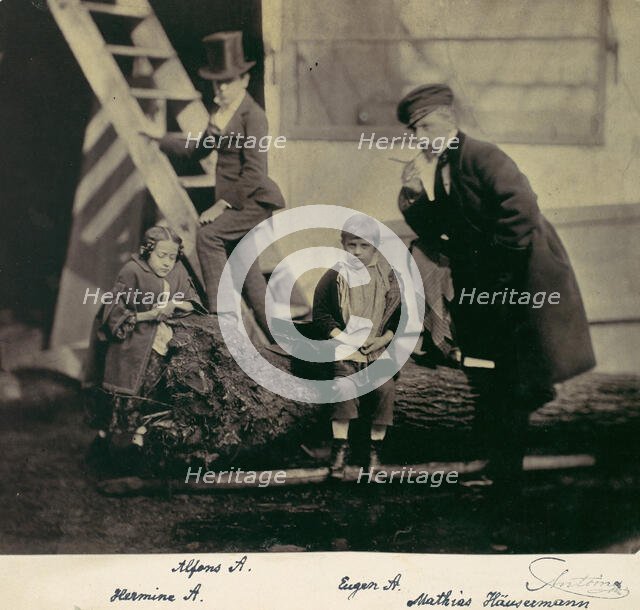 [Hermine, Alfons and Eugen Antoine and Mathias Höusermann on a fallen tree], 1850s-60s. Creator: Franz Antoine.