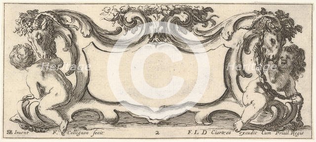 Plate 2: a cartouche with a child seen from the back to left and a child seen from ..., ca. 1640-45. Creator: Francois Collignon.