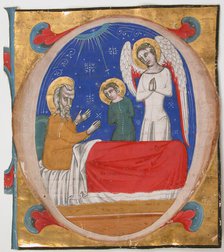 Manuscript Illumination with Tobit, Tobias, and the Archangel Raphael in an Initial O..., mid-14th c Creator: Unknown.