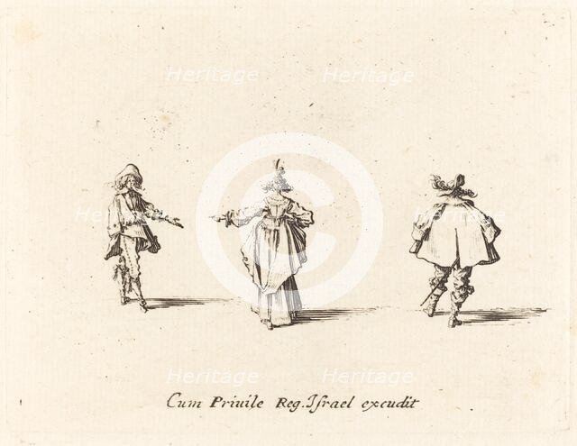 Lady with Outstretched Arm, Seen from Behind, and Two Gentlemen, probably 1634. Creator: Jacques Callot.