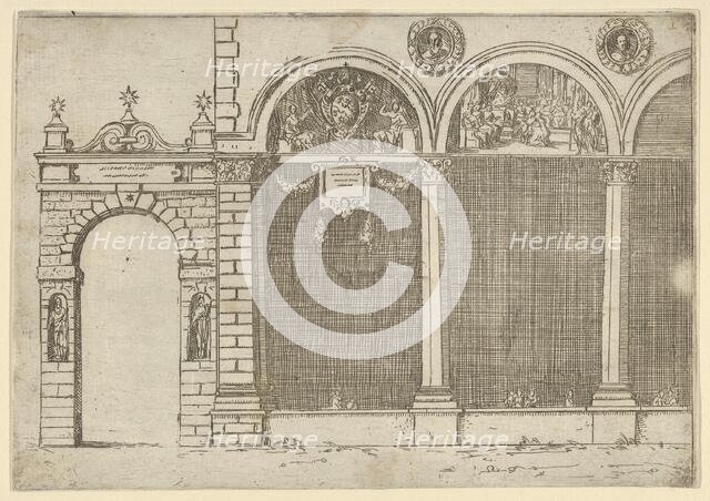 The arcade of the palace of the Archbishop of Bologna with temporary decorations for the e..., 1598. Creator: Guido Reni.
