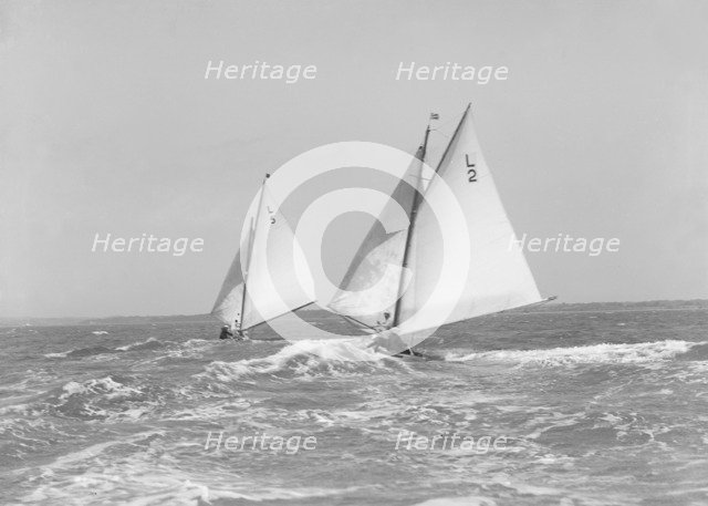 The 6 Metre 'Correnzia' and 'Snowdrop' heading downwind in breezy conditions, 1911. Creator: Kirk & Sons of Cowes.