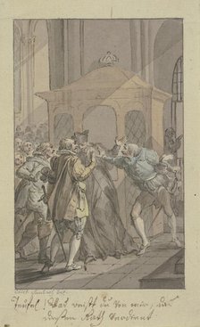 Three men arguing with swords and a clergyman before a confessional. Creator: Christian Sambach.