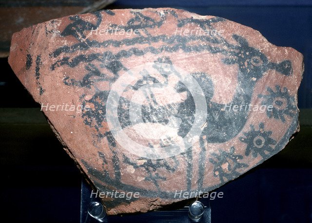 A sherd of pottery with humped bull and birds, Indus Valley, Harappa, c2600 BC. Artist: Unknown