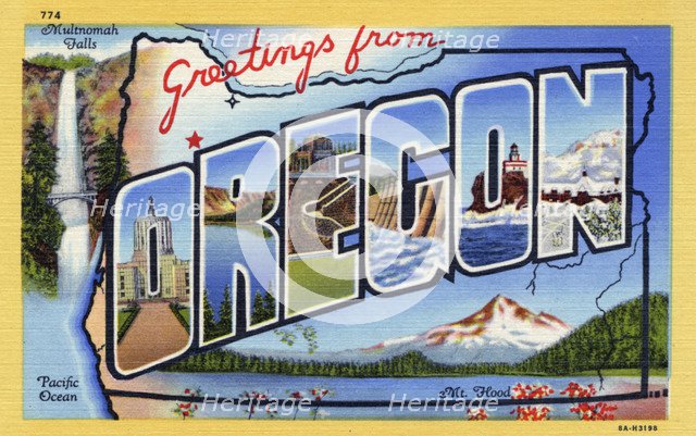 'Greetings from Oregon', postcard, 1938. Artist: Unknown