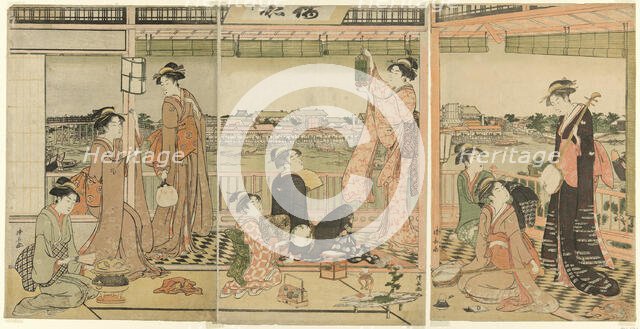 A Party Viewing the Moon Across the Sumida River, c. 1787. Creator: Torii Kiyonaga.