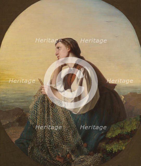 Woman weaving a fishing net, 1863. Creator: Ida Silfverberg.