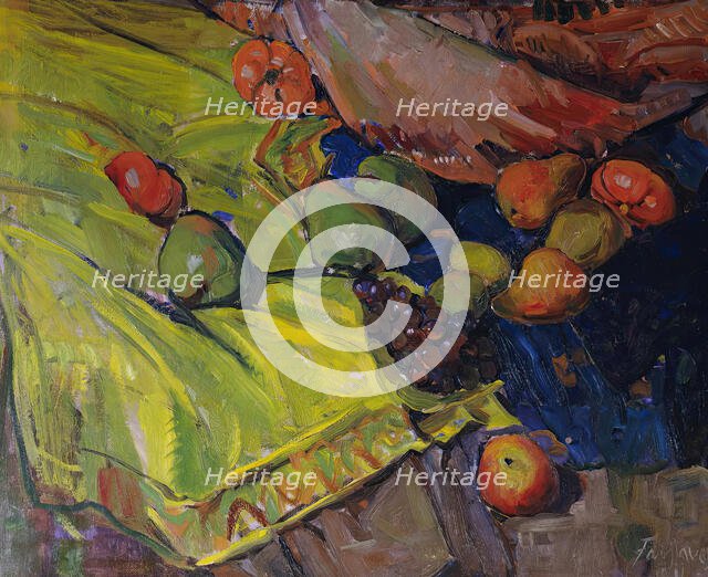 Still life with fruits on a green cloth, 1911. Creator: Anton Faistauer.
