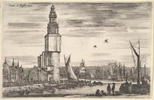 View of Amsterdam (Vue d'Amsterdam), a tower and houses to left, men standing on the pier ..., 1647. Creator: Stefano della Bella.