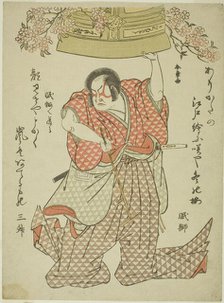 The Actor Arashi Hinasuke I as Watanabe Choshichi Tonau in the Play Tokimekuya O-Edo no..., c. 1780. Creator: Shunsho.