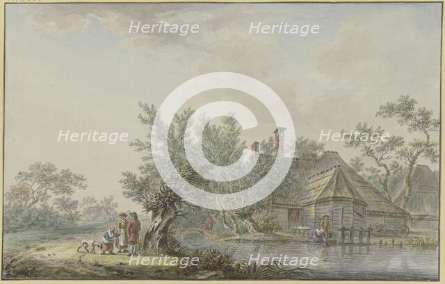 Farmstead by a body of water, a farming couple with a child and a dog by a pasture on the left. Creator: Johann Jakob Koller.
