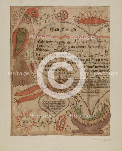 Portion of Birth Certificate, c. 1940. Creator: Albert J. Levone.