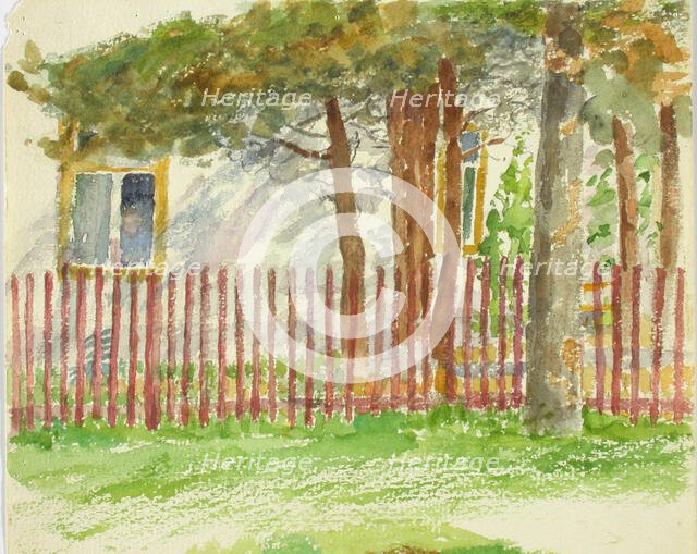 A fence and trees, behind which the wall of a white building breaks up. Creator: Maria Wiik.