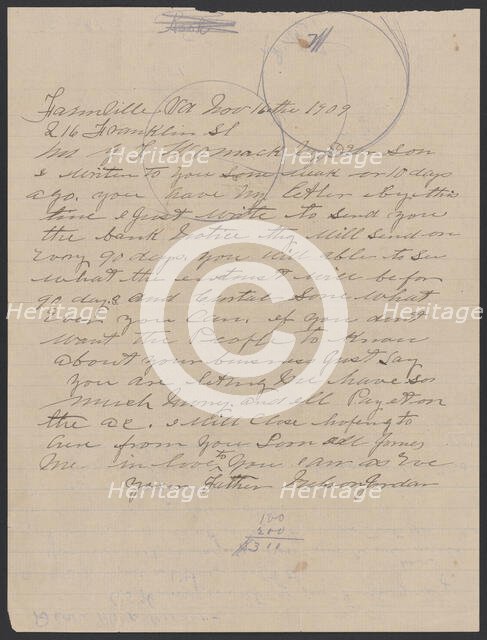 Letter from Nelson Jordan to Julia Womack with an envelope, November 16, 1909. Creator: Nelson Jordan.