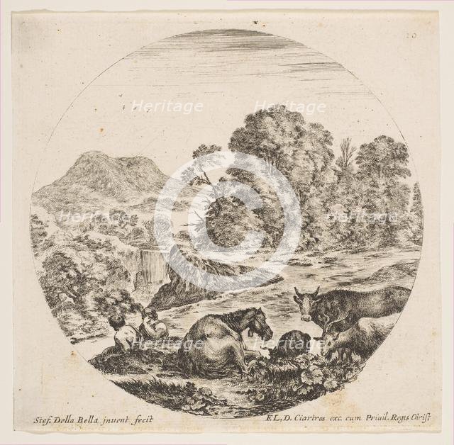 Plate 10: a horse lying down at center, a cow and two goats at right, two seated sheph..., ca. 1646. Creator: Stefano della Bella.