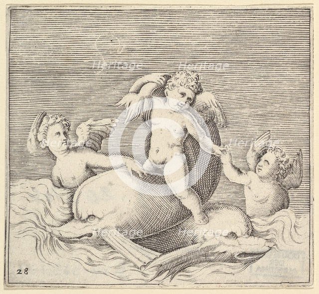 Three Cupids and Two Dolphins, published ca. 1599-1622. Creator: Unknown.