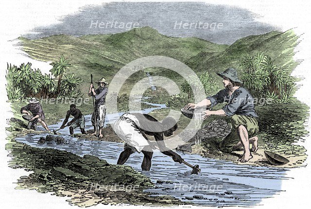 Panning for gold during the Californian Gold Rush of 1849. Artist: Unknown.