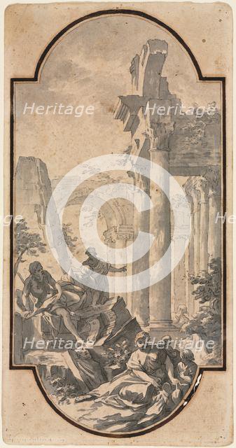 Figures Near the Ruins of a Corinthian Temple (recto); Fragment of an Arch (tracing from recto) (ver Creator: Andrea Locatelli (Italian, 1695-1741).