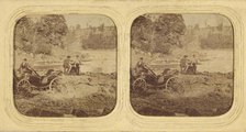 Men posed on rocks, another man posed by carriage, about 1865. Creator: Unknown.