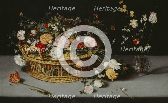 'Still Life with Basket and Vase of Flowers', c1620. Creator: Jan Brueghel the younger.
