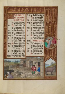 April Calendar Page: Milking and Butter Making: Taurus; Spinola Hours, about 1510-1520. Creator: Workshop of the Master of James IV of Scotland.