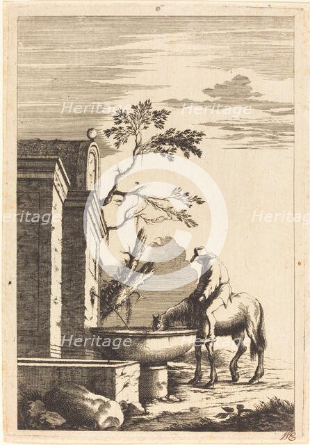Horse and Rider at a Fountain, c. 1650. Creator: Bernhard Zaech.