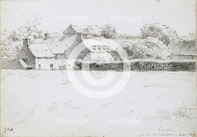 View of farm buildings across a field, 6 August 1871. Artist: Jean Francois Millet.