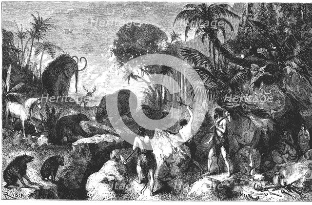 Primitive men defending from animals, engraving, 1900.