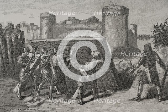 Siege of Barcelona in 801: Frankish soldiers protected behind a mantlet, 1890.  Creator: Joan Serra y Pausas.