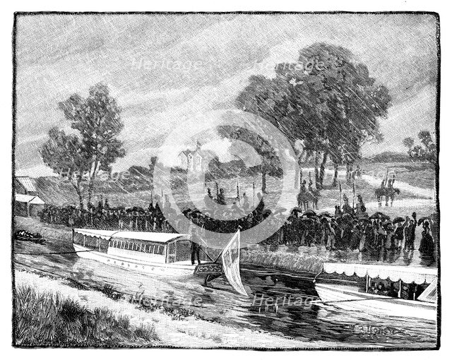 The Royal Visit to Worsley Hall; the State Barge on the Bridgwater Canal, 1851, (1888). Artist: Unknown