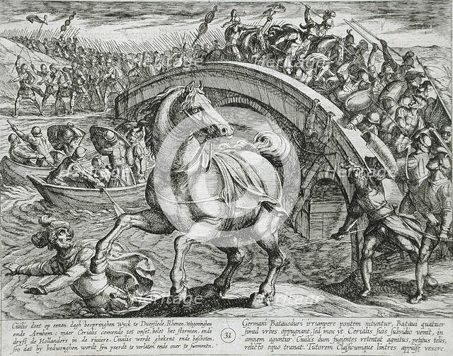 Civilis Forced to Dismount and Swim Across the River, Publshed 1612. Creator: Antonio Tempesta.