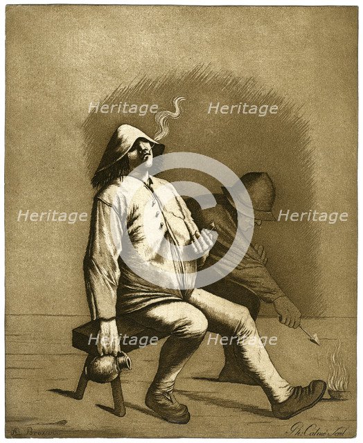 Two men sitting on a bench, c18th century.Artist: Calnie