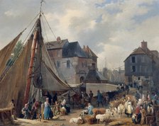 The port of Honfleur, loading cattle, c1823. Creator: Xavier Leprince.