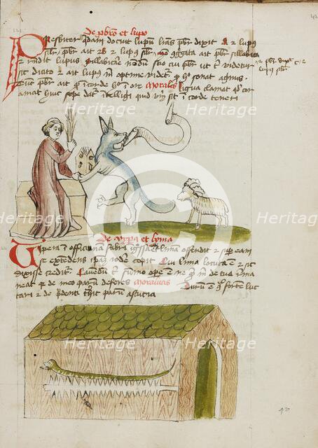 A Cleric Instructing a Wolf with a Rod: A Snake in a House; Fables, third quarter of 15th century. Creator: Unknown.