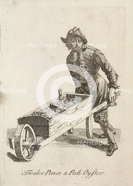 'Twelve Pence a Peck Oysters', Cries of London, c1688. Artist: Anon