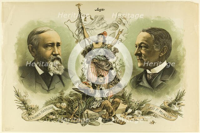 Victory Portraits of Benjamin Harrison and Levi P. Morton, from Judge, 1888. Creator: Unknown.